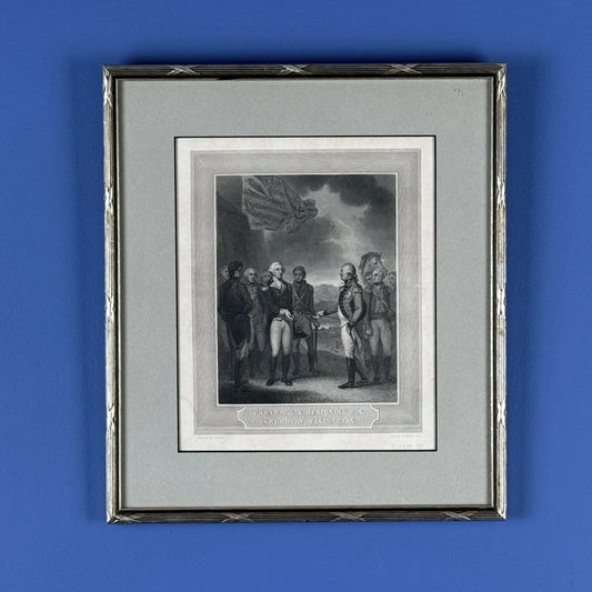 "Cornwallis resigning his sword to Washington" steel engraving — Framed