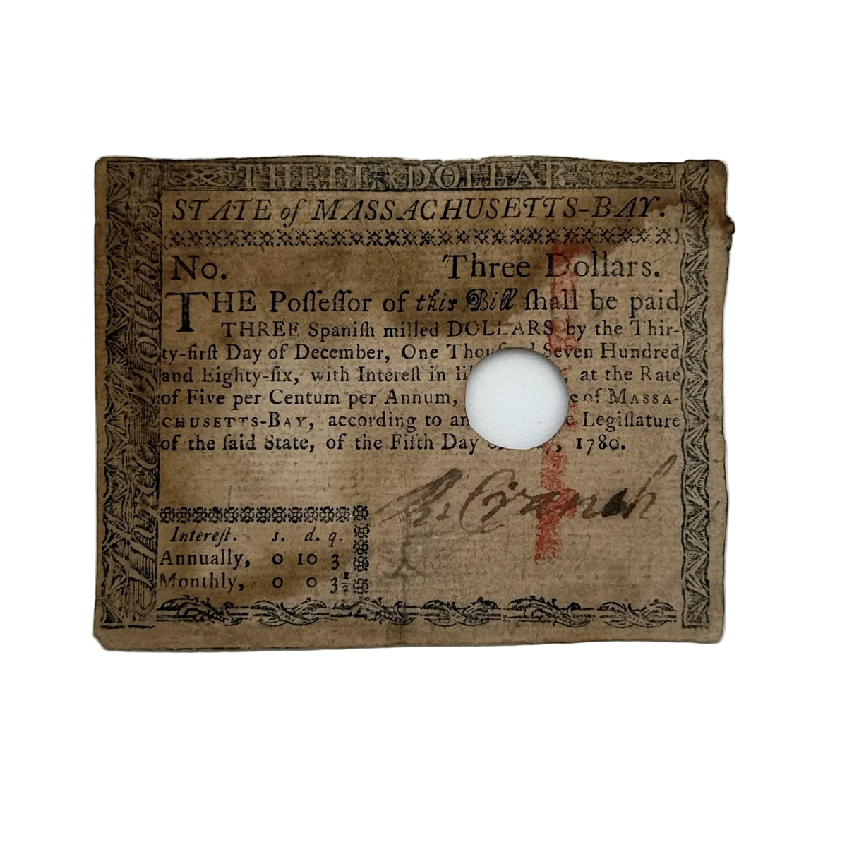 Colonial Currency — Massachusetts Bay — May 4, 1780 — $3 — Hole cancelled