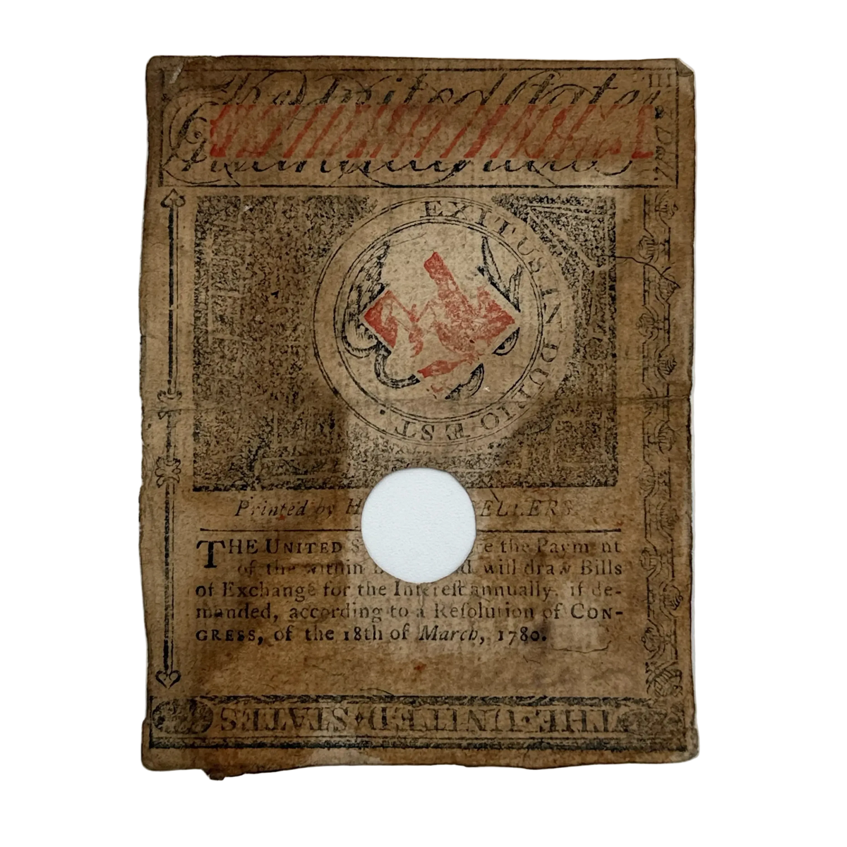 Colonial Currency — Massachusetts Bay — May 4, 1780 — $3 — Hole cancelled