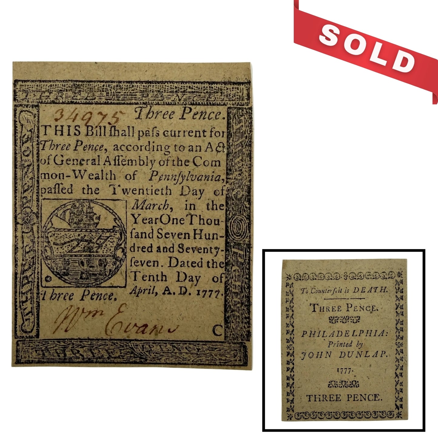 Pennsylvania Three Pence note —  April 10, 1777 — Printed by John Dunlap — Uncirculated