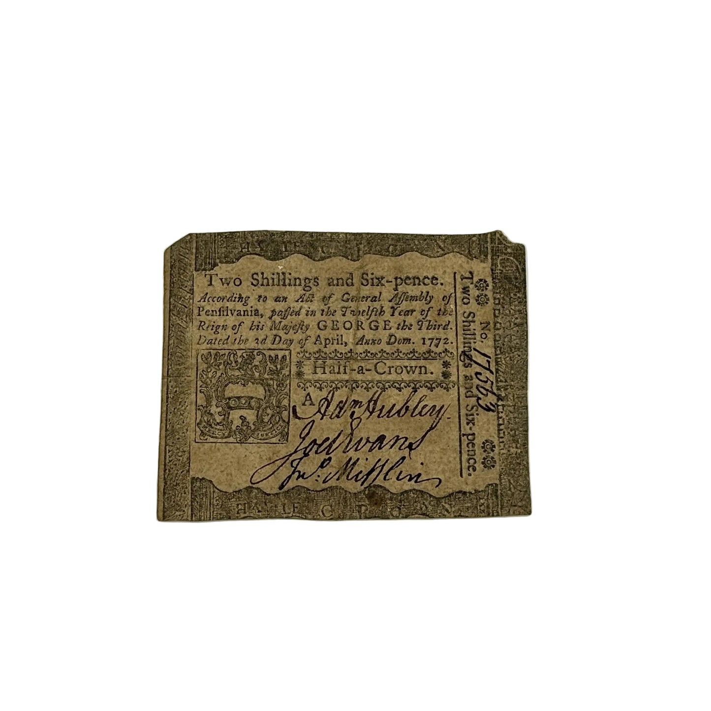 Colonial currency — Pennsylvania — Two shillings and six-pence note — April 3, 1772