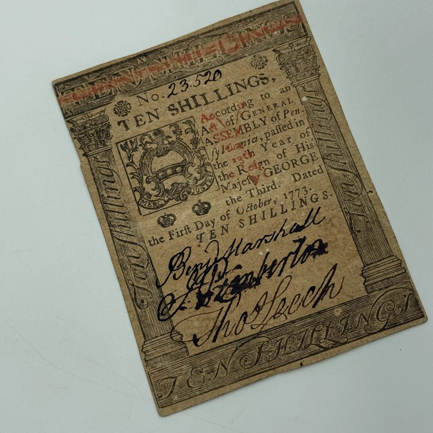 Colonial Currency — Pennsylvania — 10 Shillings — October 1, 1773