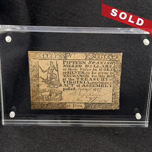Virginia — $15 — May 5, 1777 — Payable in Spanish Milled Dollars