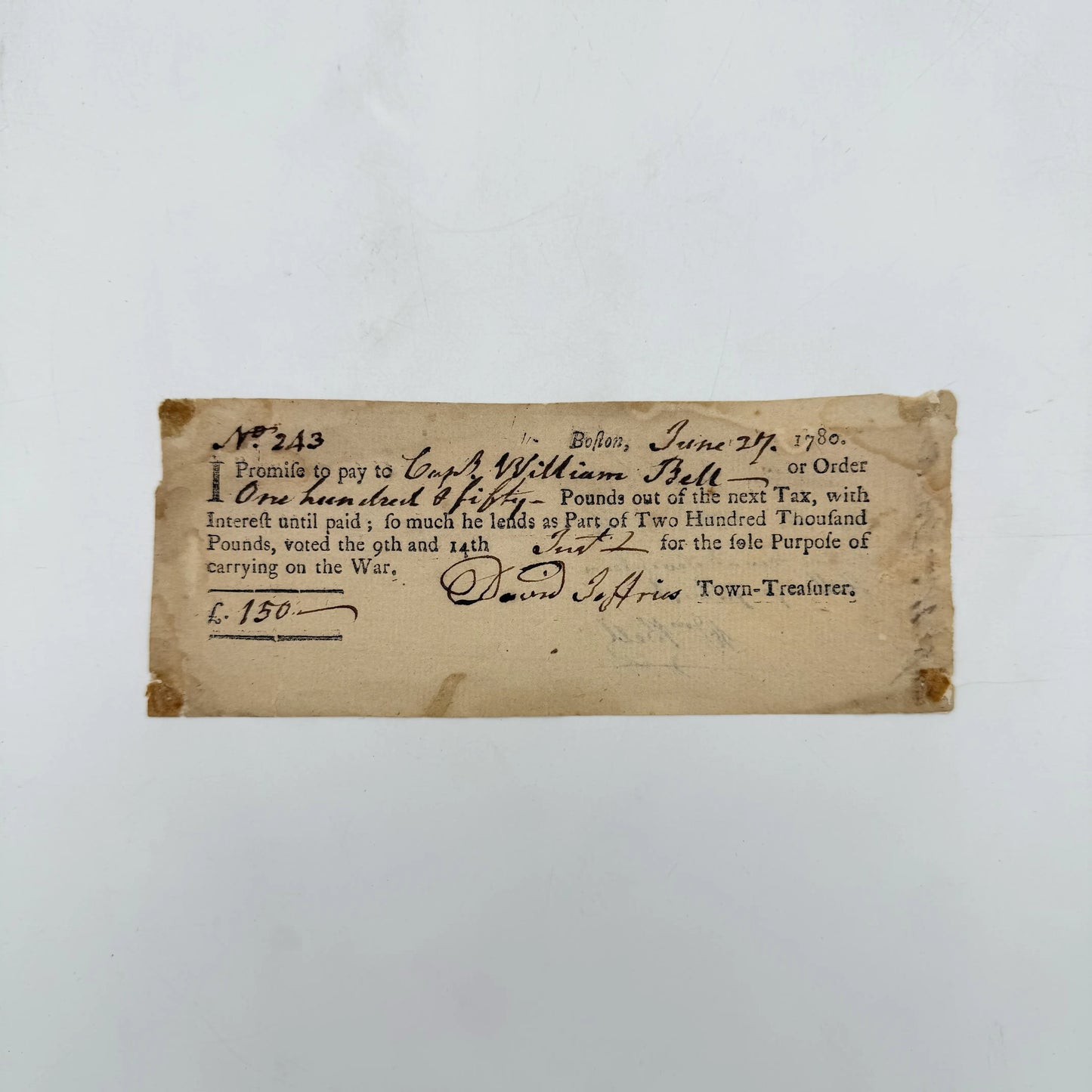 Revolutionary War Bond — June 27, 1780 — £ 150