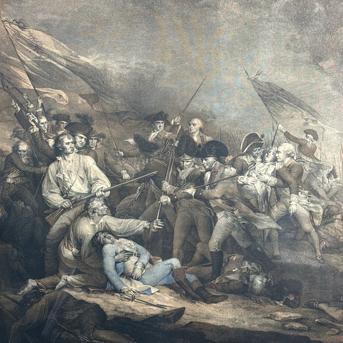 Large engraving of the death of Joseph Warren —  "The Battle at Bunker's Hill Near Boston" after John Trumbull — Engraved by artist J.G. Muller — Framed