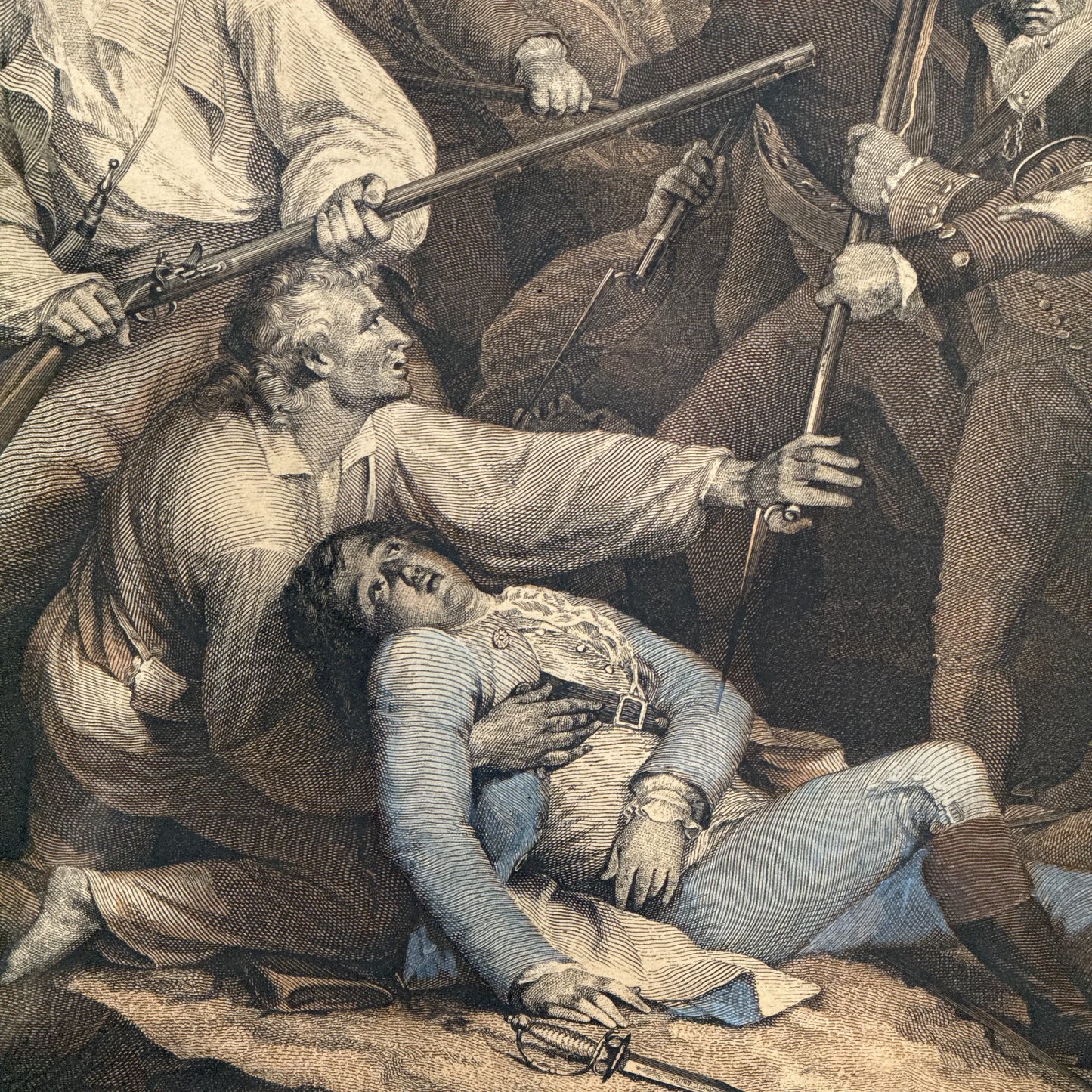 Large engraving of the death of Joseph Warren —  "The Battle at Bunker's Hill Near Boston" after John Trumbull — Engraved by artist J.G. Muller — Framed