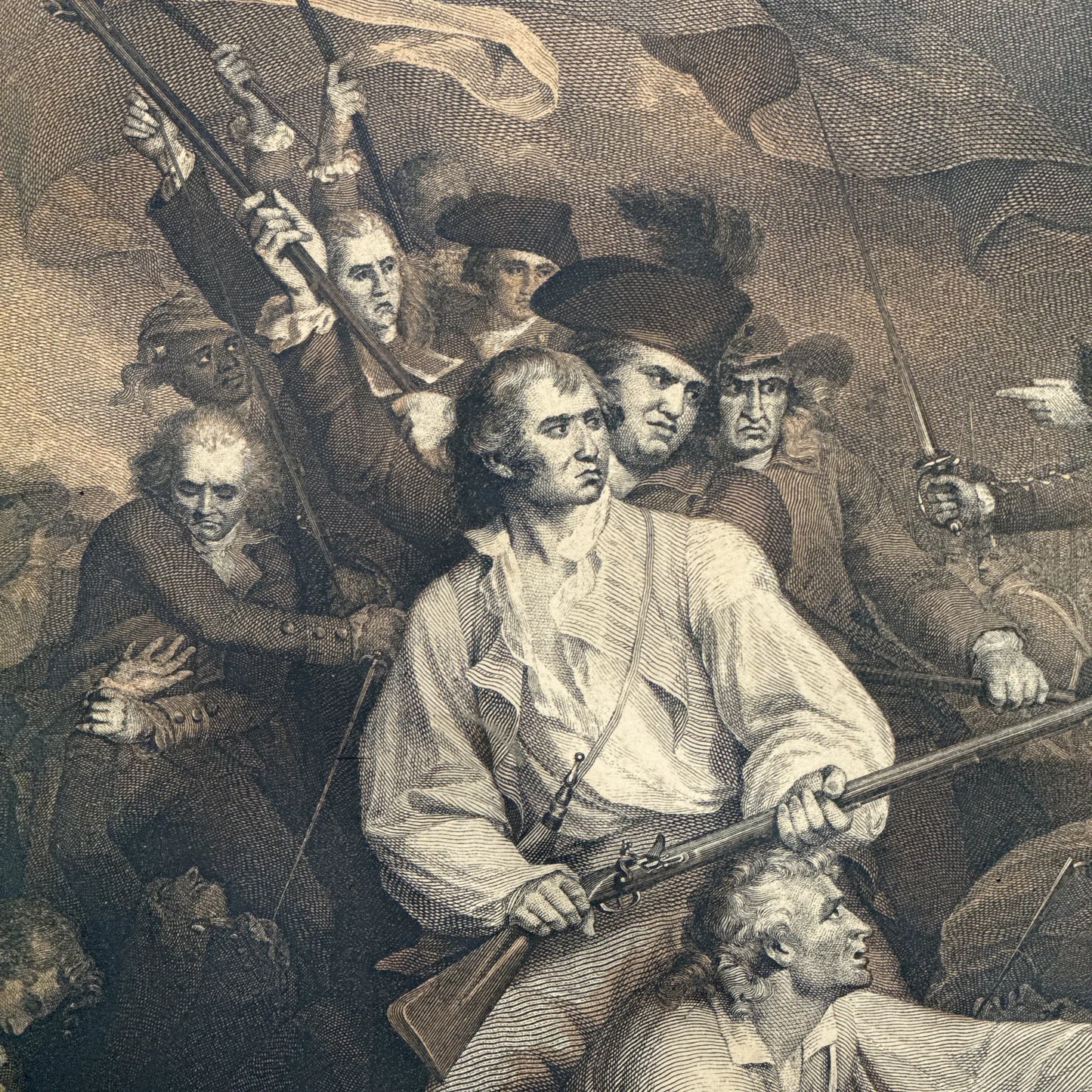 Large engraving of the death of Joseph Warren —  "The Battle at Bunker's Hill Near Boston" after John Trumbull — Engraved by artist J.G. Muller — Framed