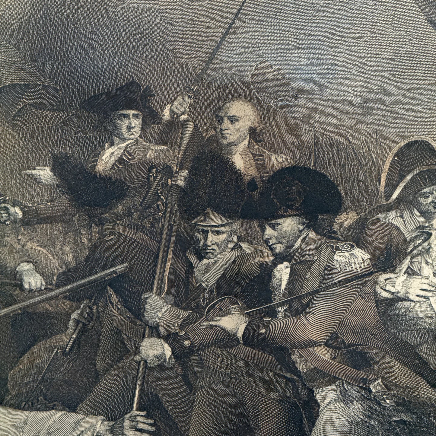 Large engraving of the death of Joseph Warren —  "The Battle at Bunker's Hill Near Boston" after John Trumbull — Engraved by artist J.G. Muller — Framed