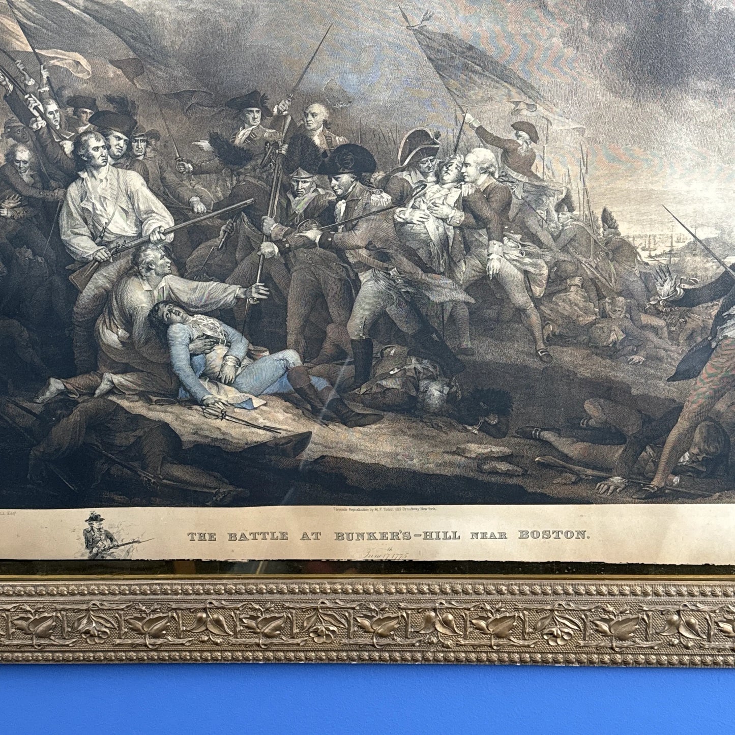 Large engraving of the death of Joseph Warren —  "The Battle at Bunker's Hill Near Boston" after John Trumbull — Engraved by artist J.G. Muller — Framed