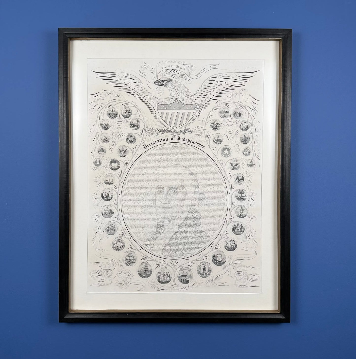 Framed "Declaration of Independence" Calligraphy of George Washington with the seals of 16 states