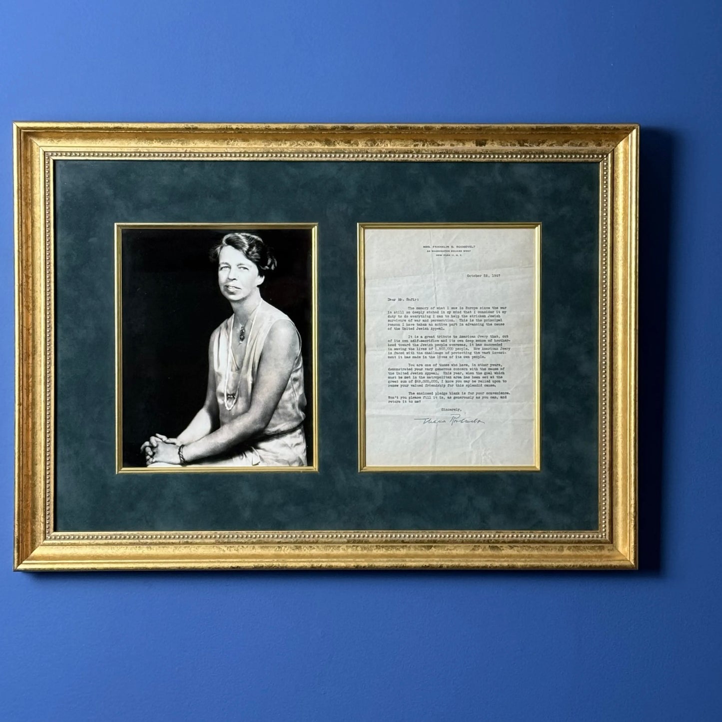 Framed Eleanor Roosevelt signed letter to aid American Jewish fundraising after WWII