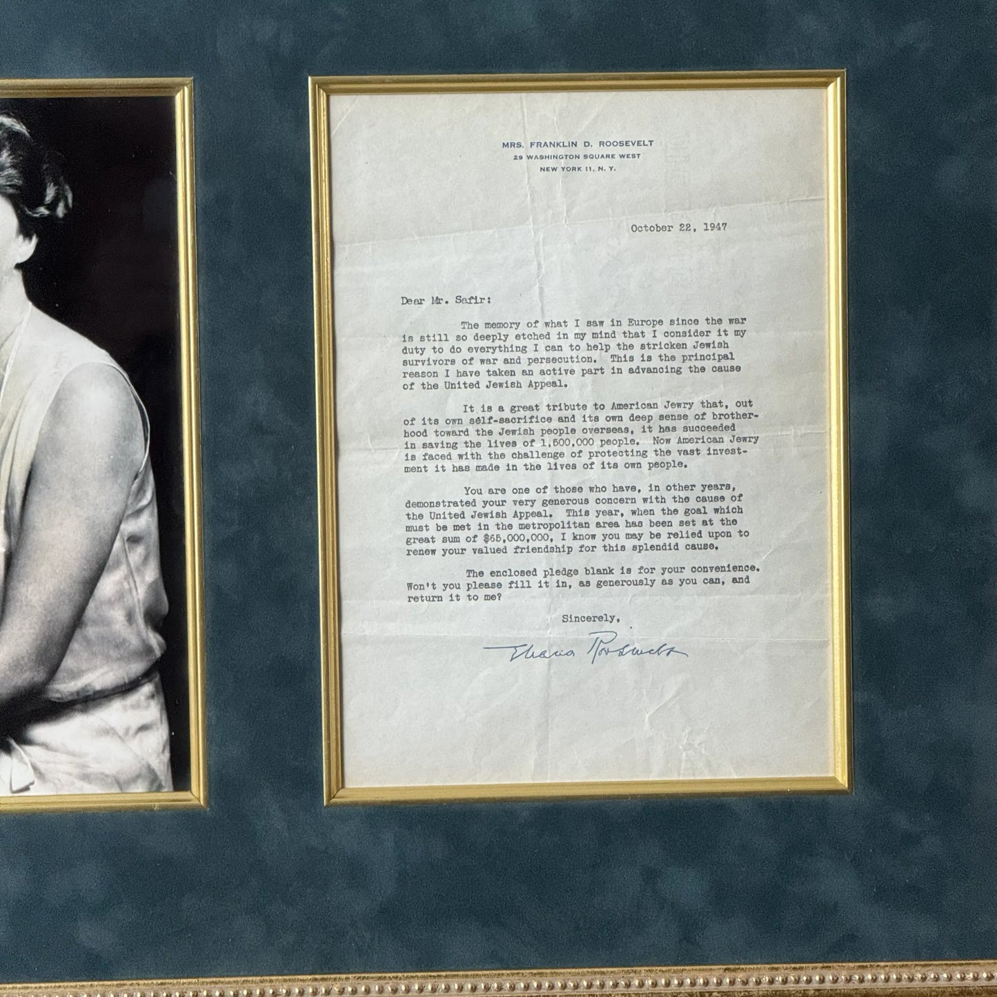Framed Eleanor Roosevelt signed letter to aid American Jewish fundraising after WWII