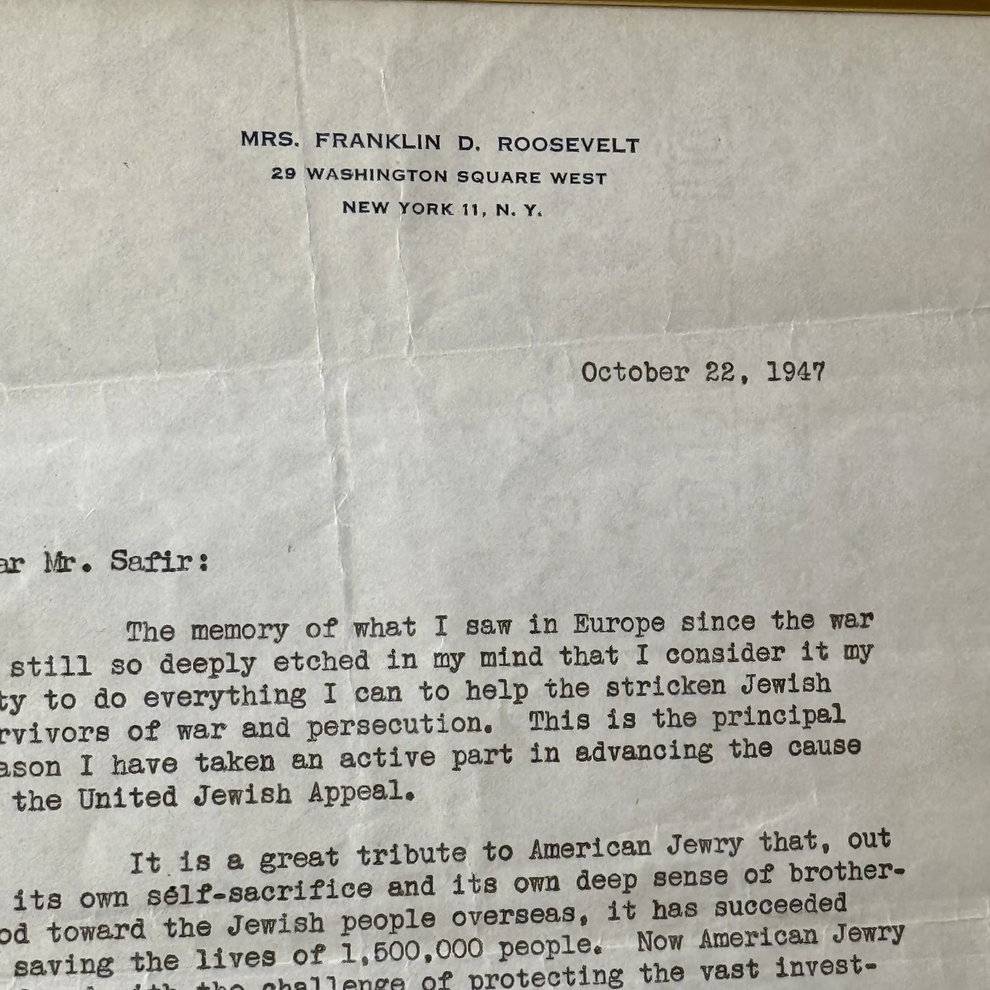Framed Eleanor Roosevelt signed letter to aid American Jewish fundraising after WWII