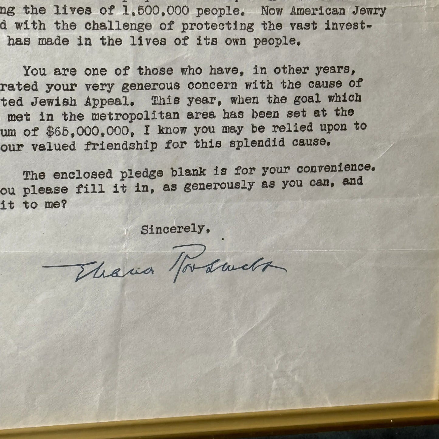 Framed Eleanor Roosevelt signed letter to aid American Jewish fundraising after WWII