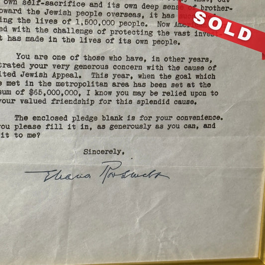 Framed Eleanor Roosevelt signed letter to aid American Jewish fundraising after WWII