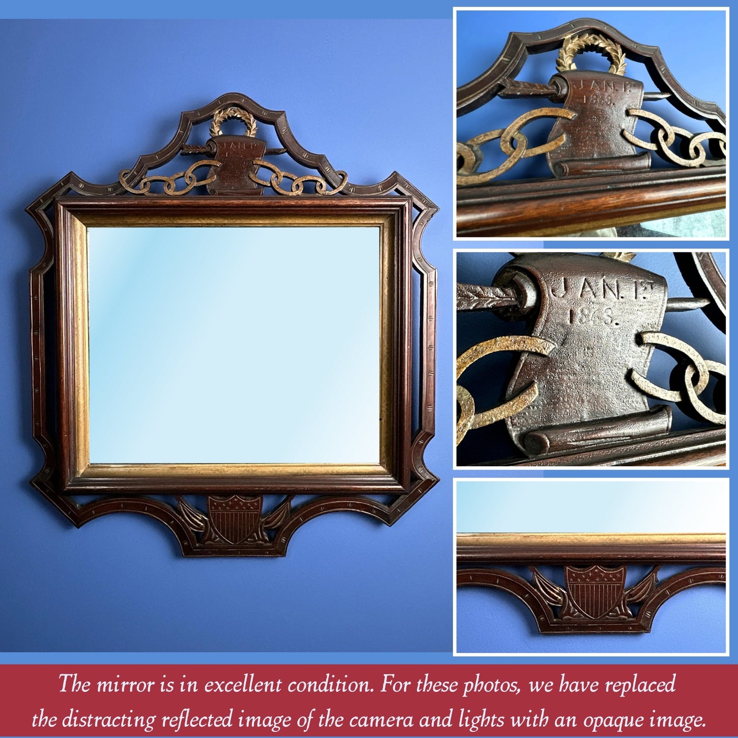 Carved Black Walnut mirror celebrating the Emancipation Proclamation — John Haley Bellamy