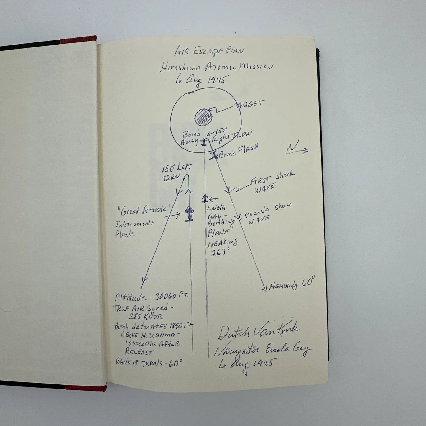 Book on the Enola Gay with a hand-drawn diagram signed by the navigator, Dutch Van Kirk