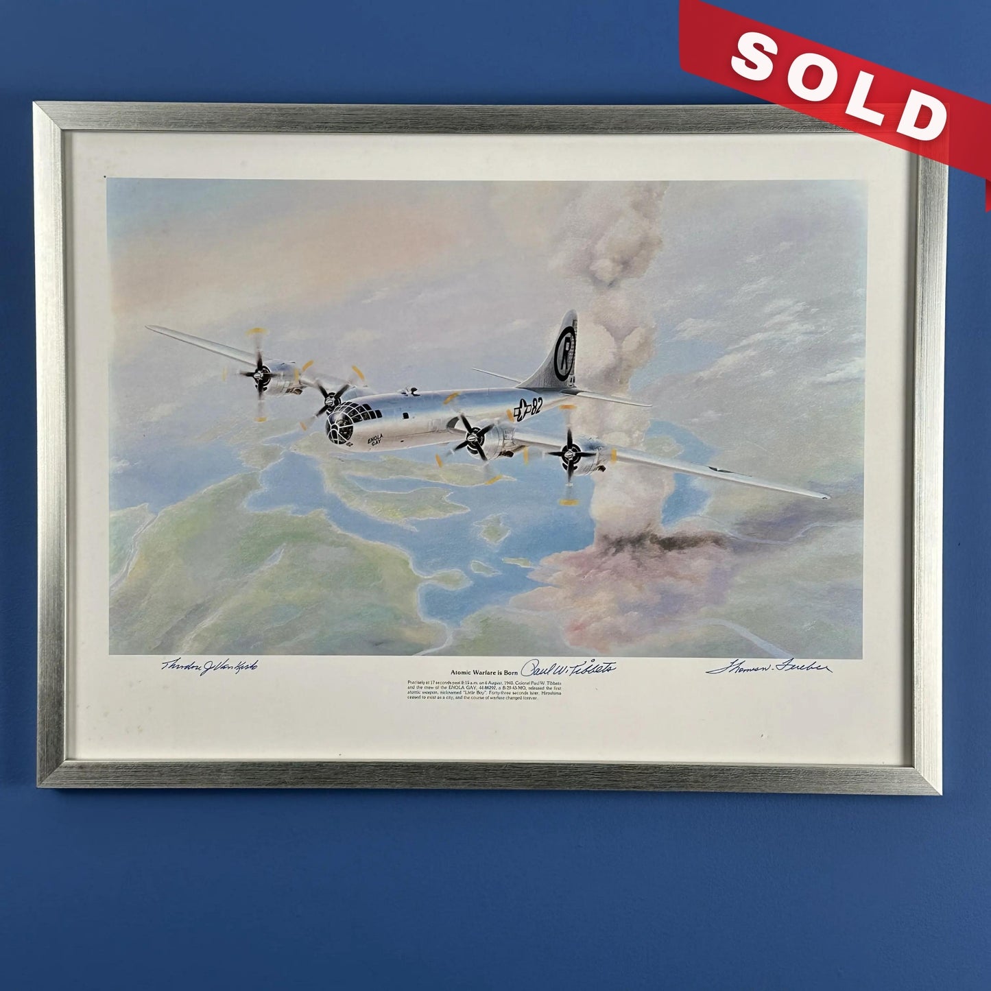 Enola Gay print signed by pilot Col. Paul Tibbets, navigator Capt. Theodore "Dutch" Van Kirk, and bombardier Maj. Thomas Ferebee — Framed