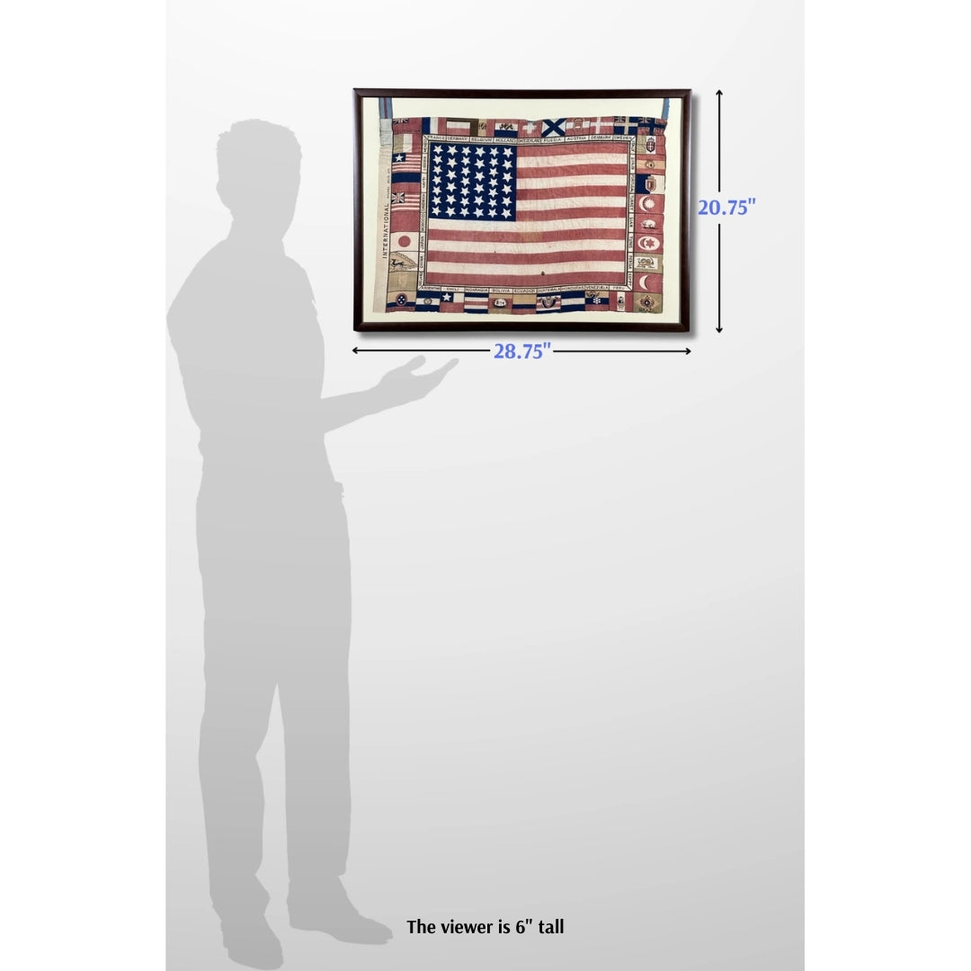 Printed for the 1876 Centennial Exhibition: US flag surrounded with the flags of participating nations — Framed