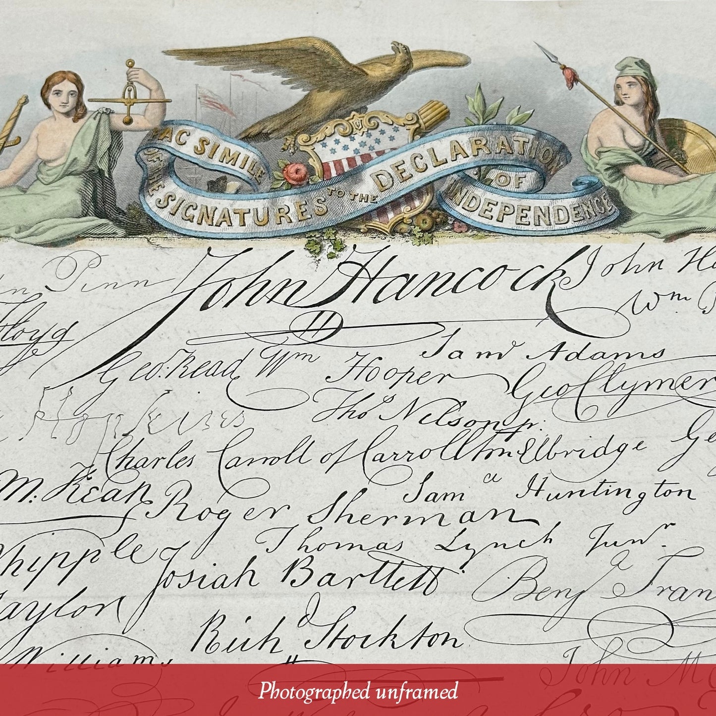 Close-up top view of 'Facsimile Declaration of Independence,' framed in an antique frame — available at The History List Store.