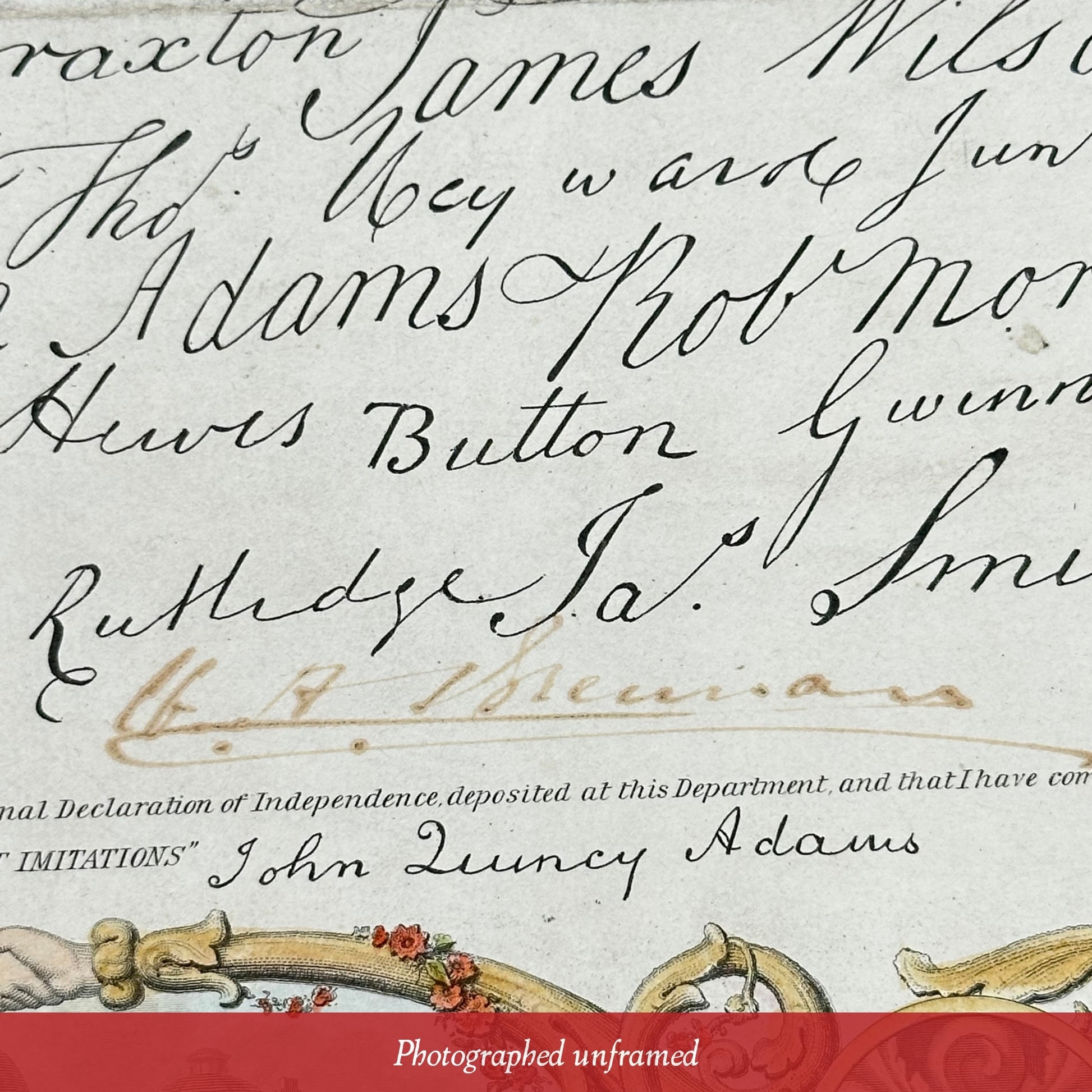 Signature of Quincy Adams on the 'Facsimile Declaration of Independence,' framed in an antique frame — available at The History List Store.