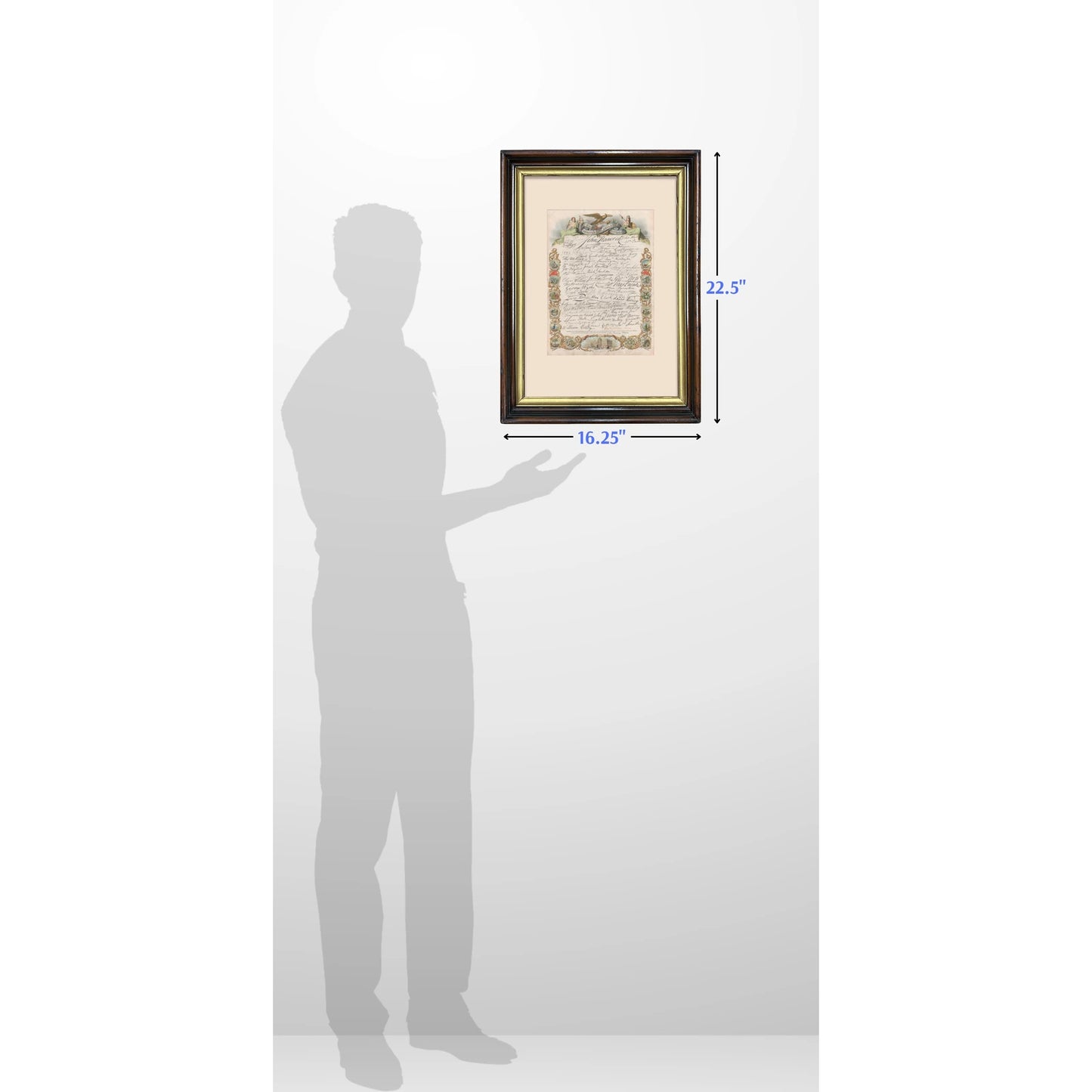 6-foot reference of a man next to the 'Facsimile Declaration of Independence' framed in an antique frame — available at The History List Store.