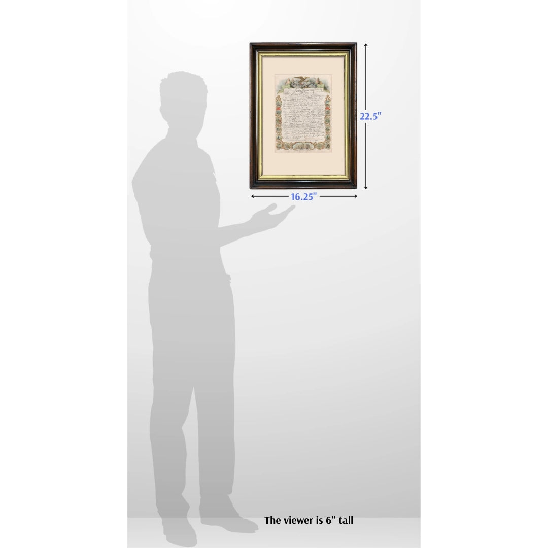 Hand-colored mid-1800s engraving with the signatures to the Declaration of Independence — In an antique frame