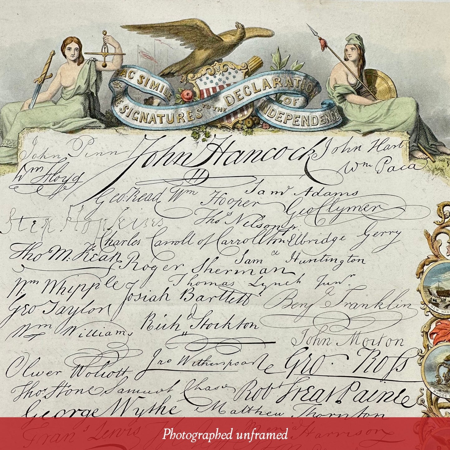 Top details of Hand-colored mid-1800s engraving with the signatures to the Declaration of Independence — In an antique frame from The History List Store