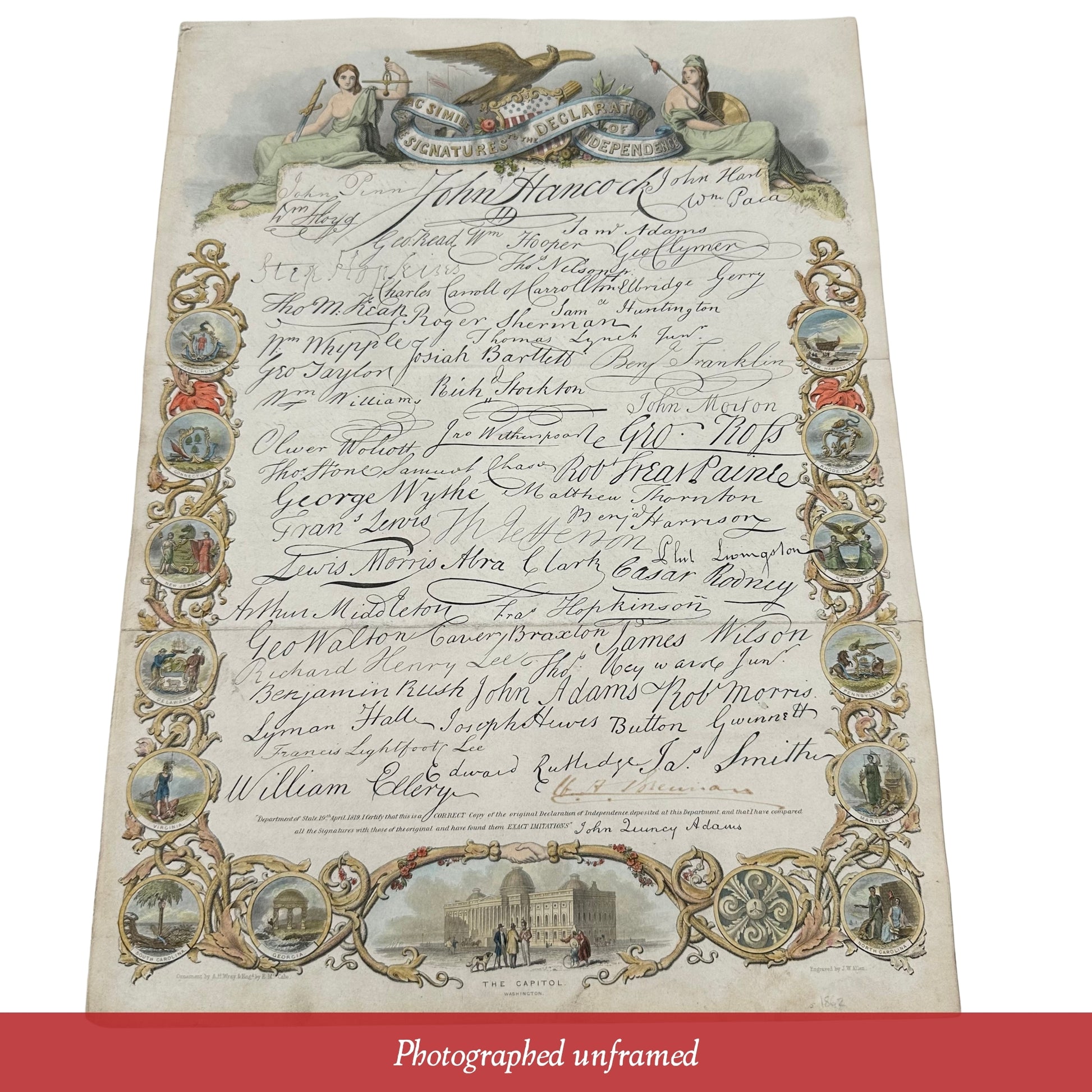 Hand-colored mid-1800s engraving with the signatures to the Declaration of Independence — In an antique frame from The History List Store