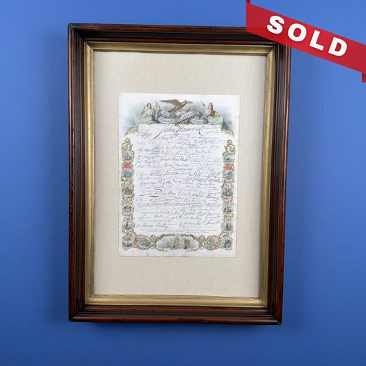 Hand-colored mid-1800s engraving with the signatures to the Declaration of Independence — In an antique frame