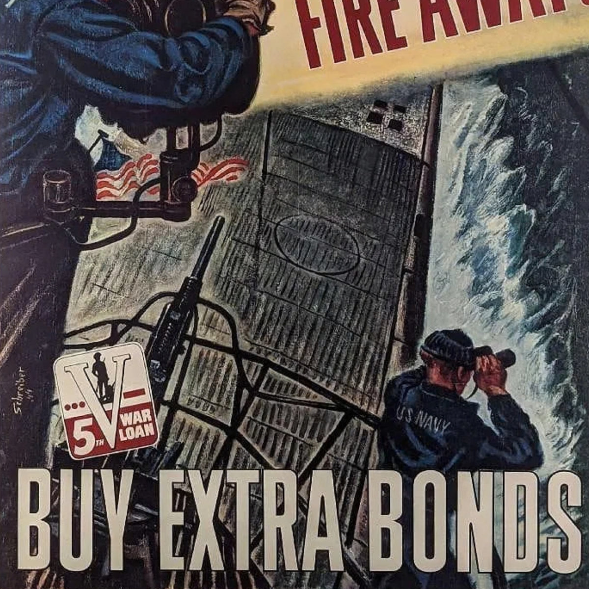 Original 1944 WWII Poster "Fire Away, for the Fifth War Loan" U.S.S. Dorado — Framed