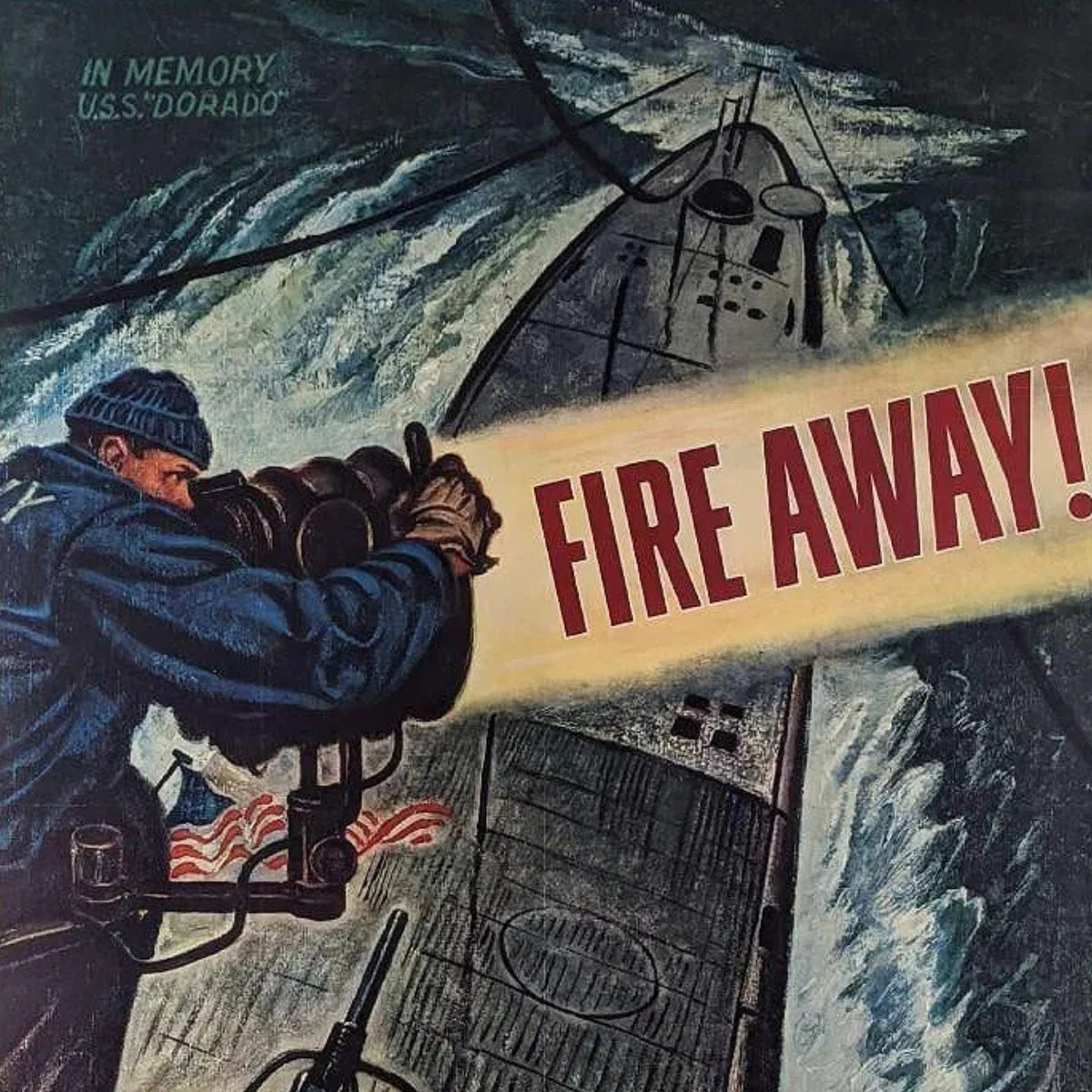 Original 1944 WWII Poster "Fire Away, for the Fifth War Loan" U.S.S. Dorado — Framed