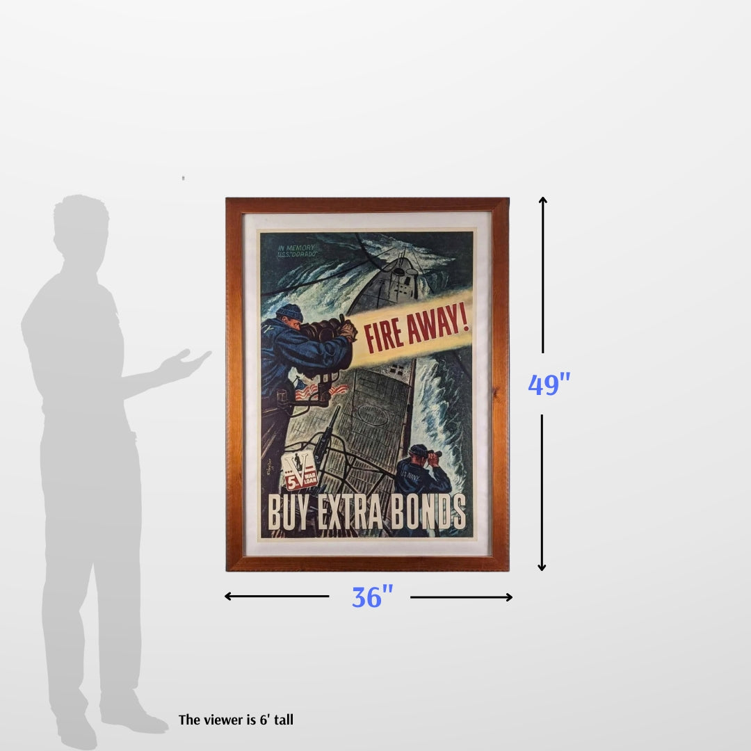 Original 1944 WWII Poster "Fire Away, for the Fifth War Loan" U.S.S. Dorado — Framed
