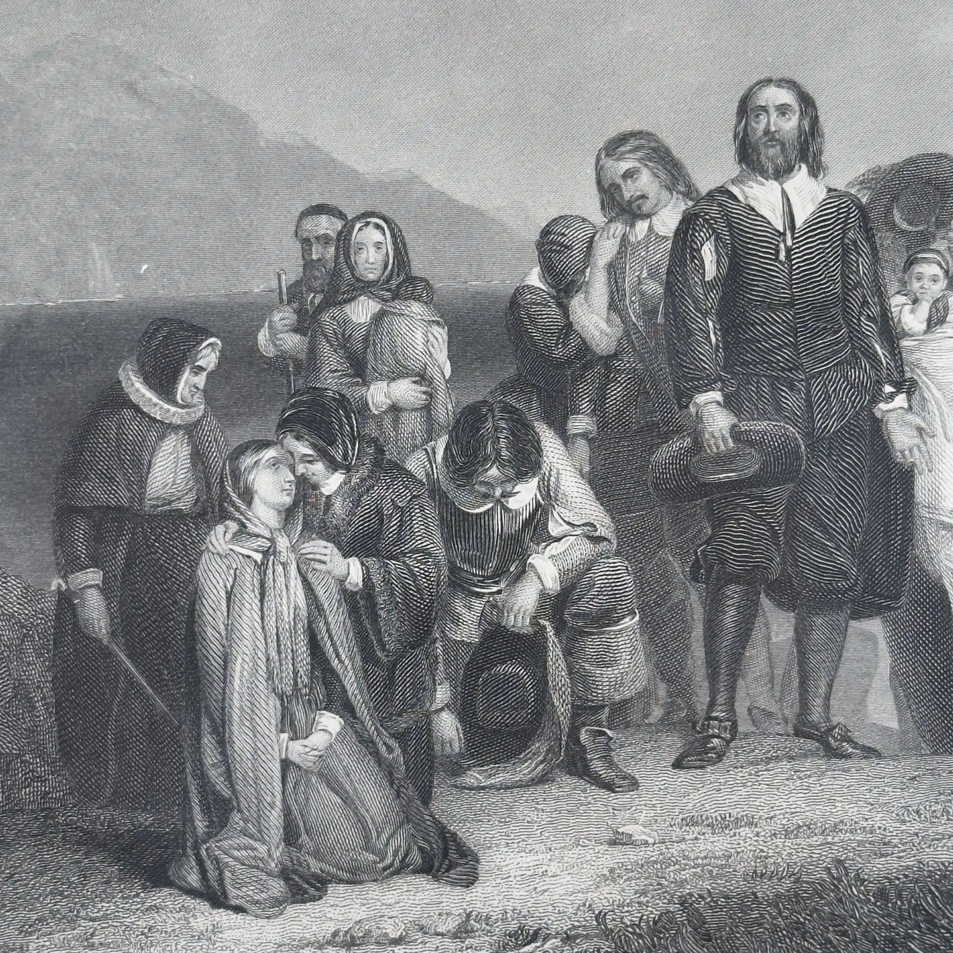 Close-up of women with the framed 1856 "The First Landing of the Pilgrims" — from The History List Store.