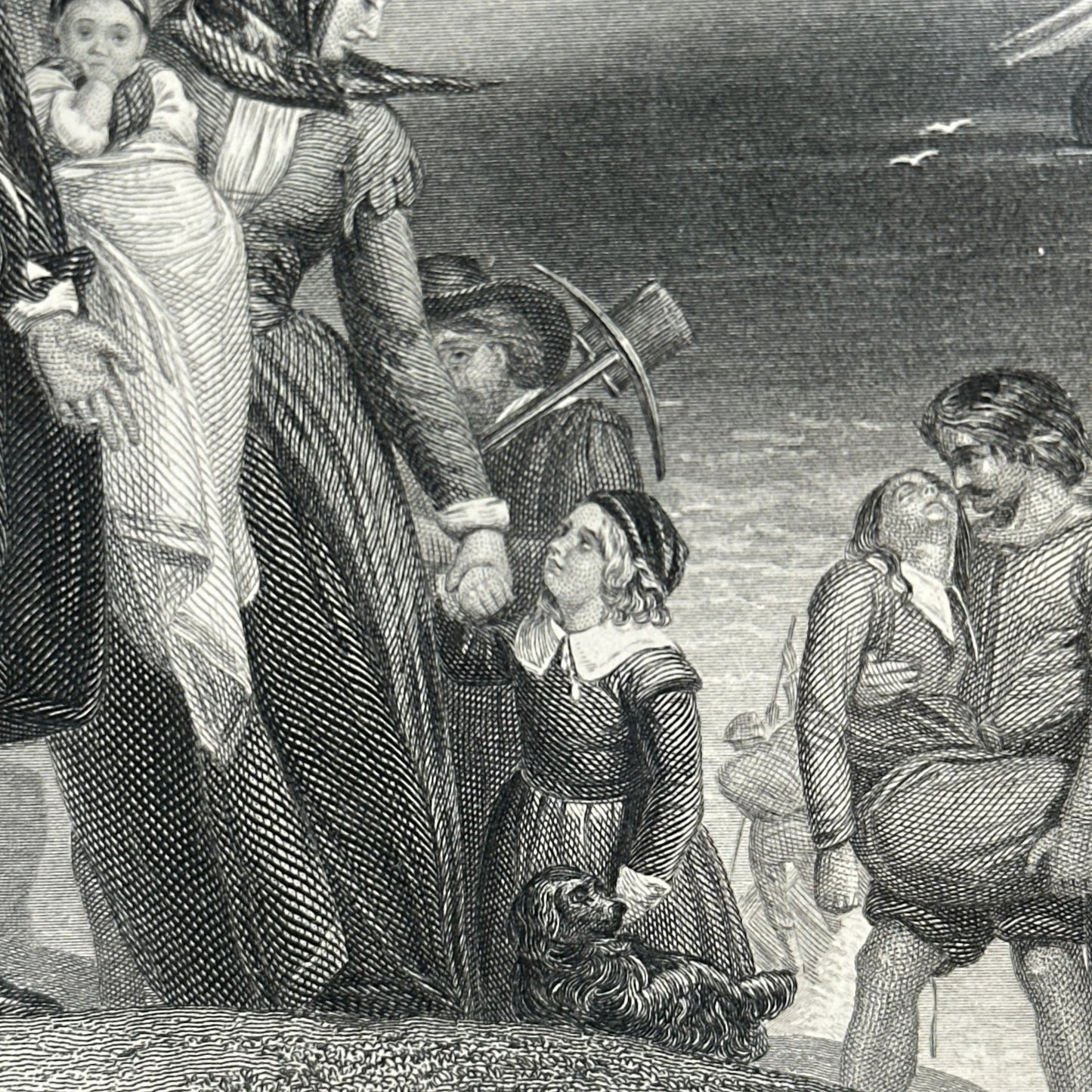 Close-up of a young girl with the framed 1856 'The First Landing of the Pilgrims' — from The History List Store.