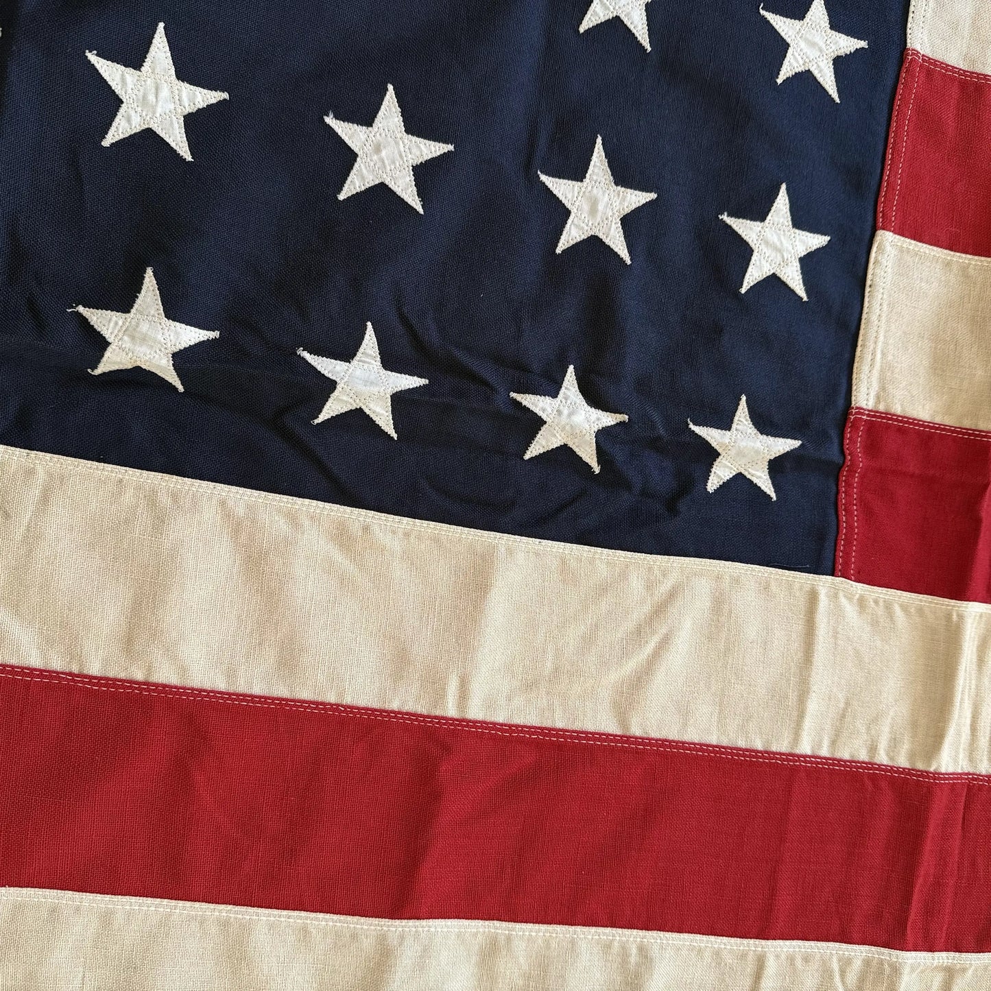 48-star cotton flag with sewn stars and stripes — a little less than 4' x 6'