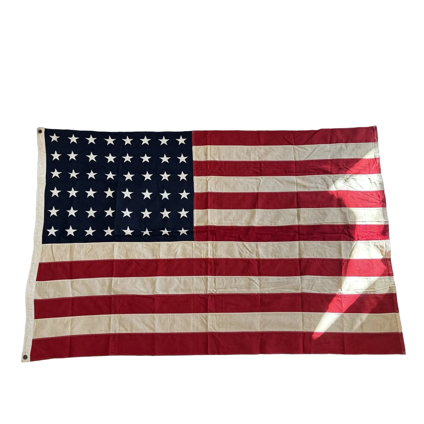 48-star cotton flag with sewn stars and stripes — a little less than 4' x 6'