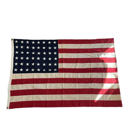 48-star cotton flag with sewn stars and stripes — a little less than 4' x 6'
