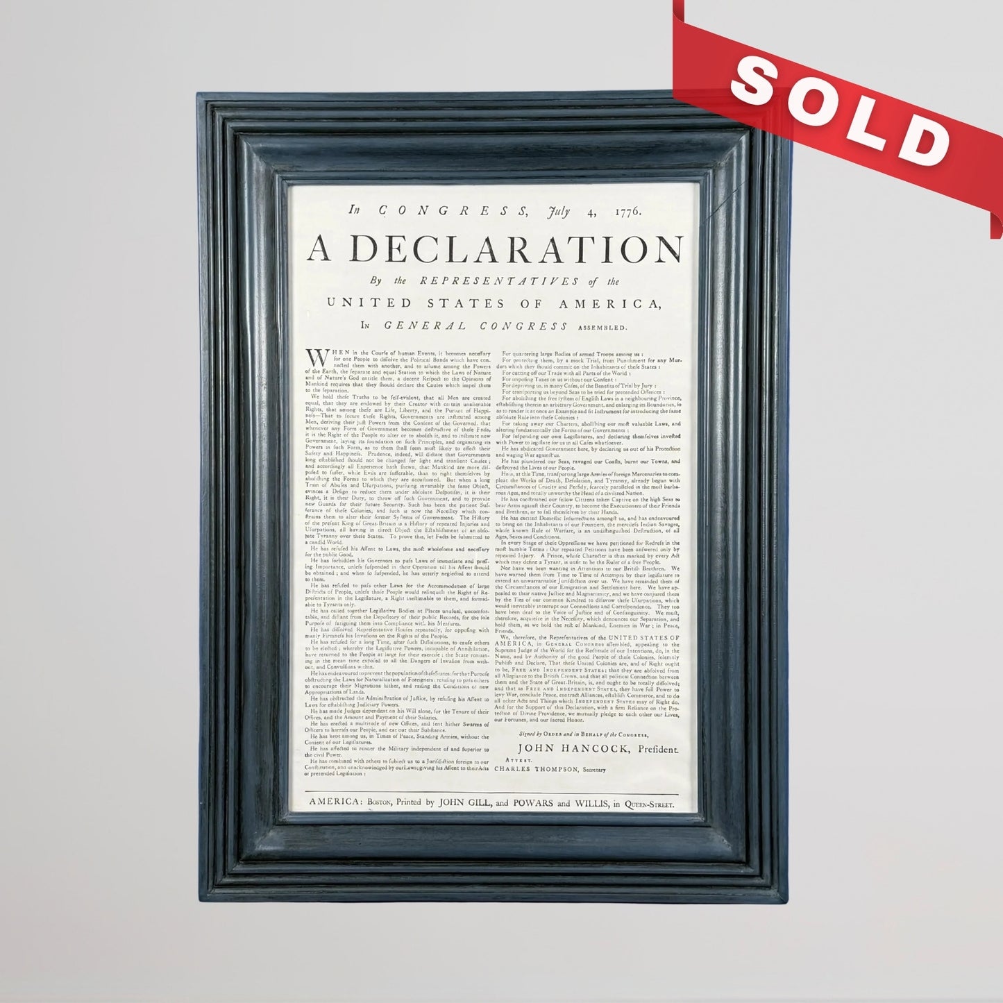 Edes and Gill Broadside "Declaration of Independence" in a handmade solid wood frame in Federal blue