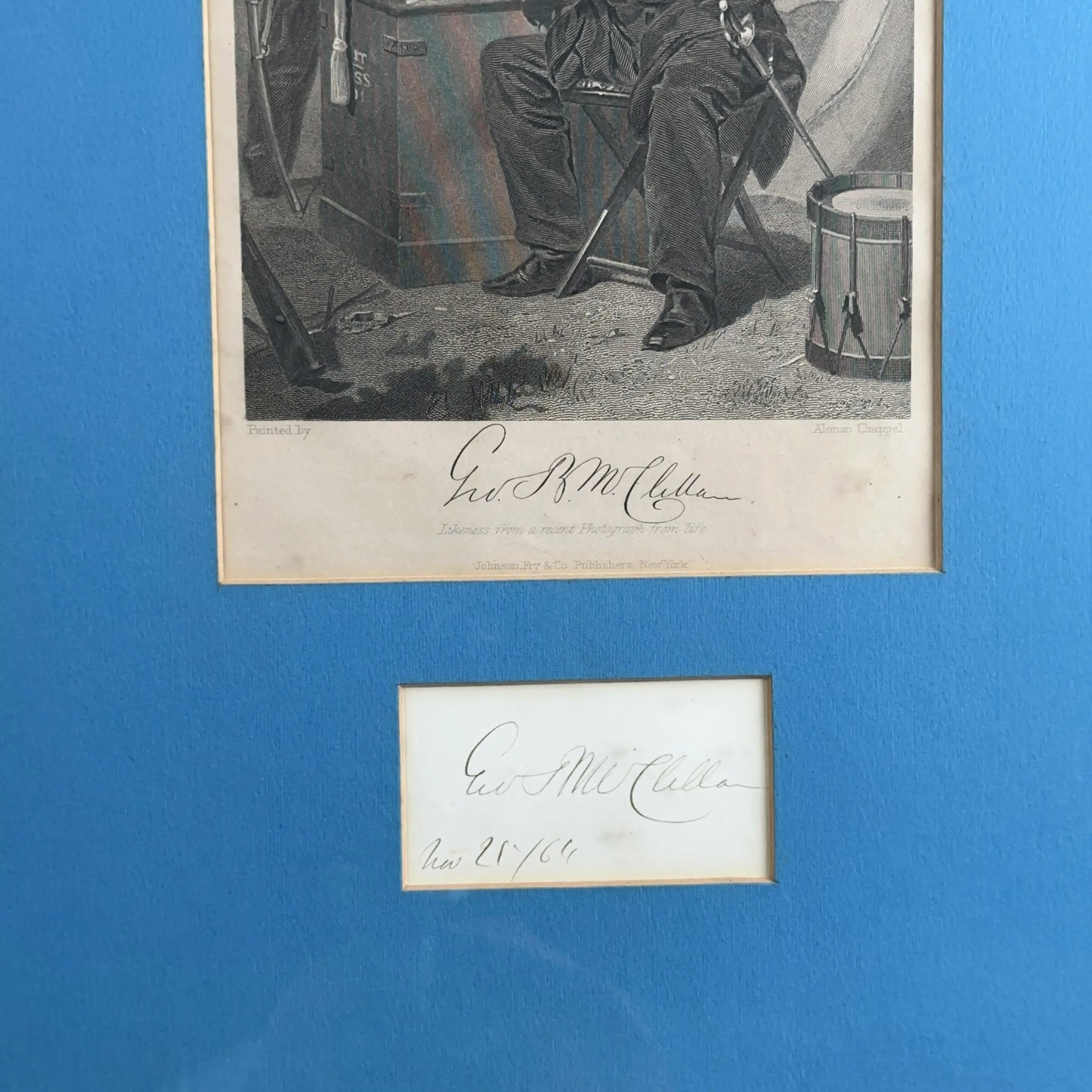 Framed Steel Engraving & Card — Signed by Gen. George McClellan - c.1864