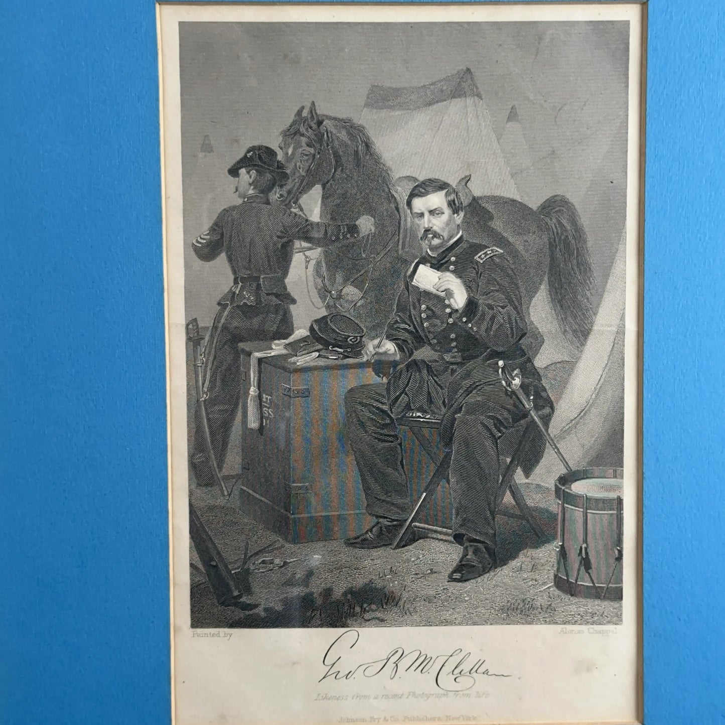 Framed Steel Engraving & Card — Signed by Gen. George McClellan - c.1864