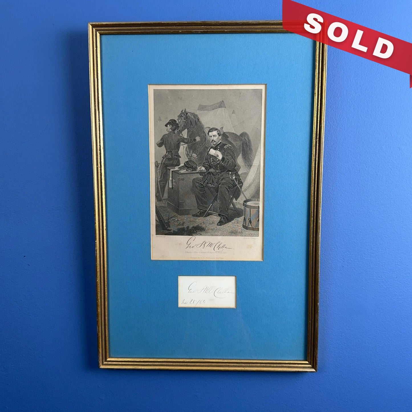 Framed Steel Engraving & Card — Signed by Gen. George McClellan - c.1864