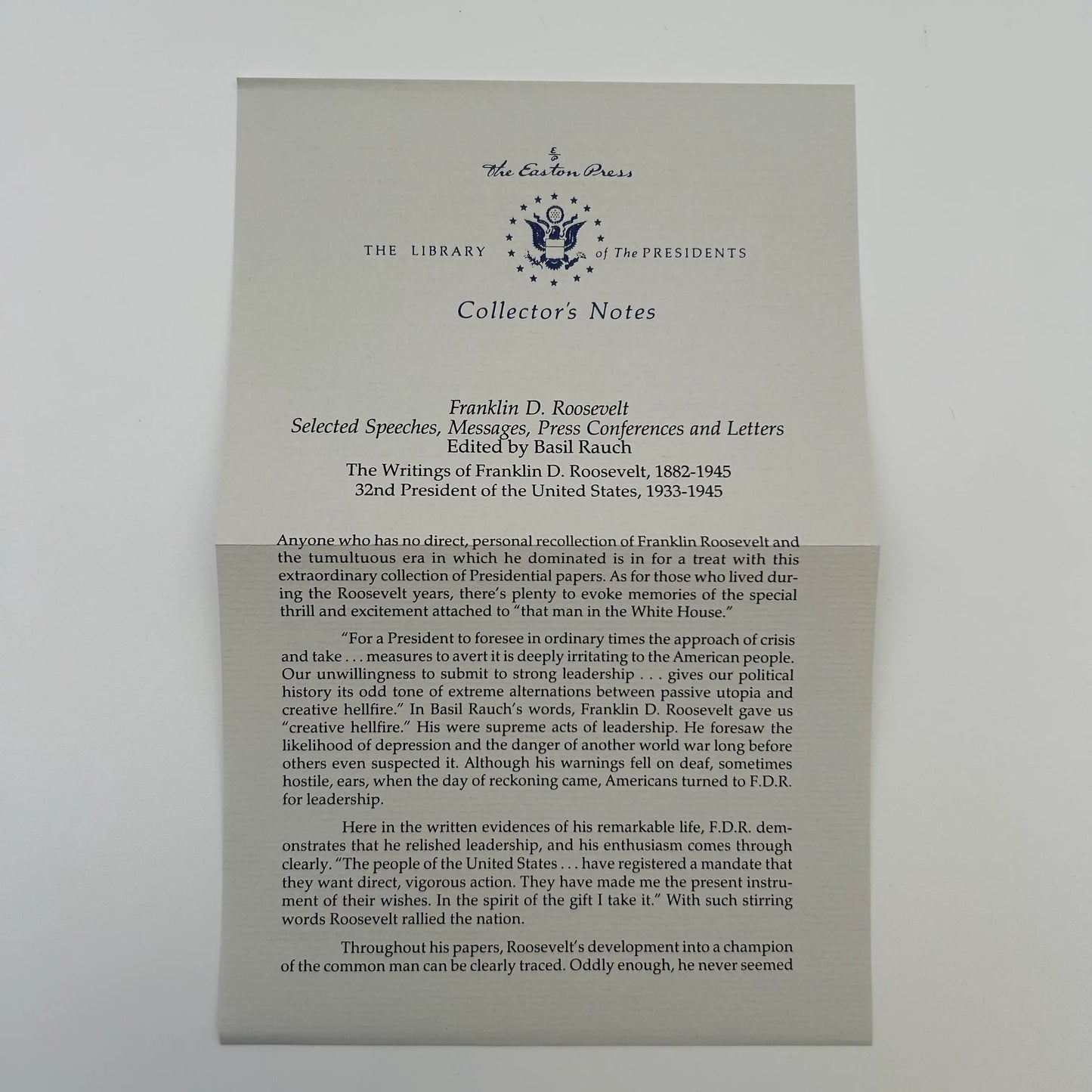 "Franklin D. Roosevelt: Selected Speeches, Messages, Press Conference, and Letters" Edited by Basil Rauch — Leather-bound, gilt-edged Easton Press edition