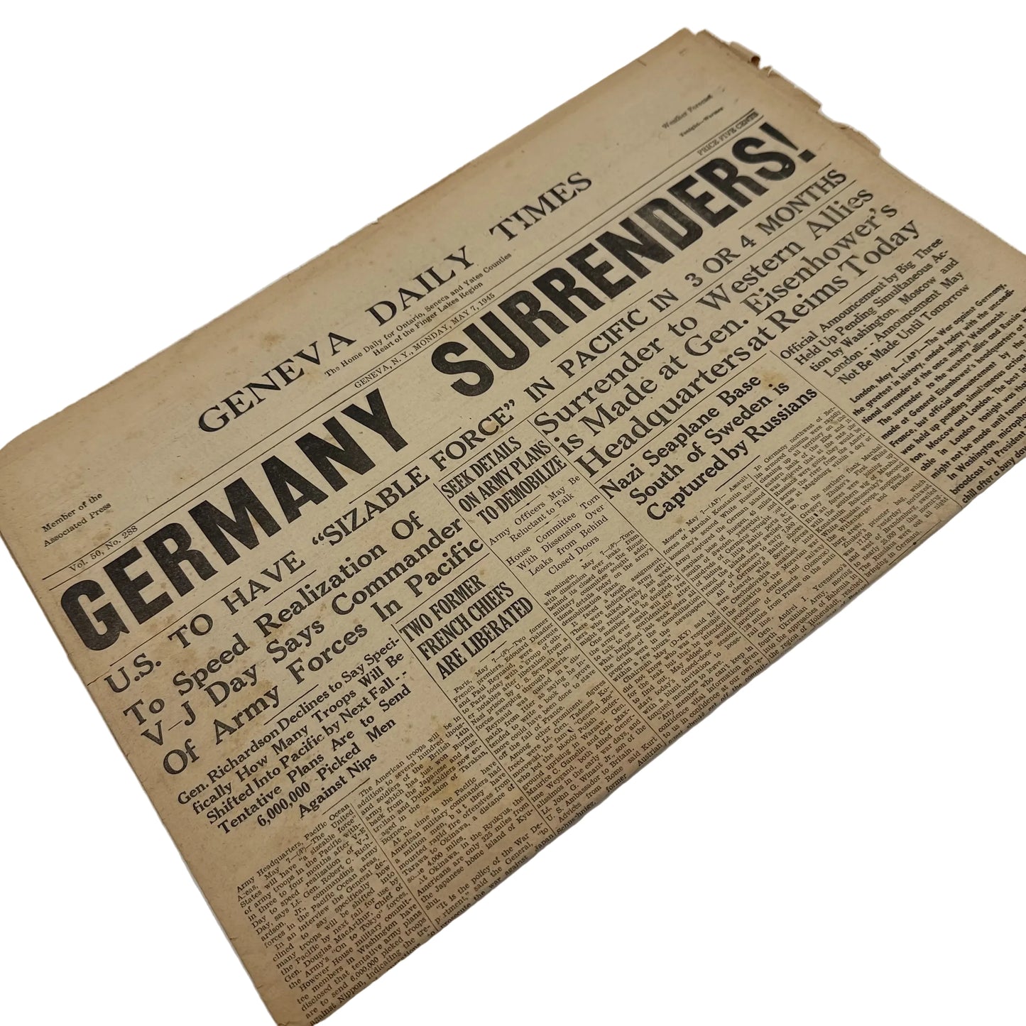 Geneva Daily Times — Germany Surrenders! — May 7, 1945 from The History List Store.