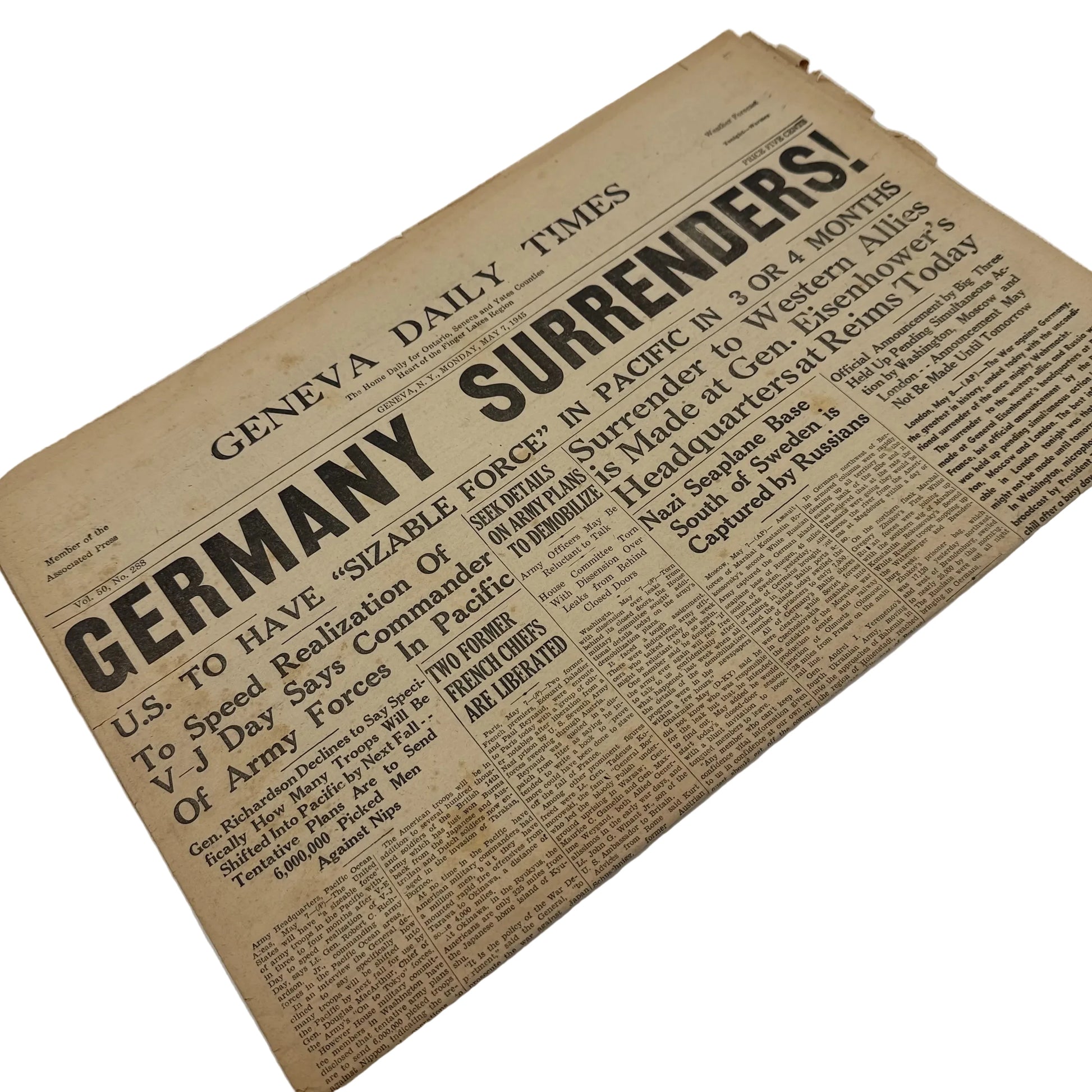 Geneva Daily Times — Germany Surrenders! — May 7, 1945 from The History List Store.