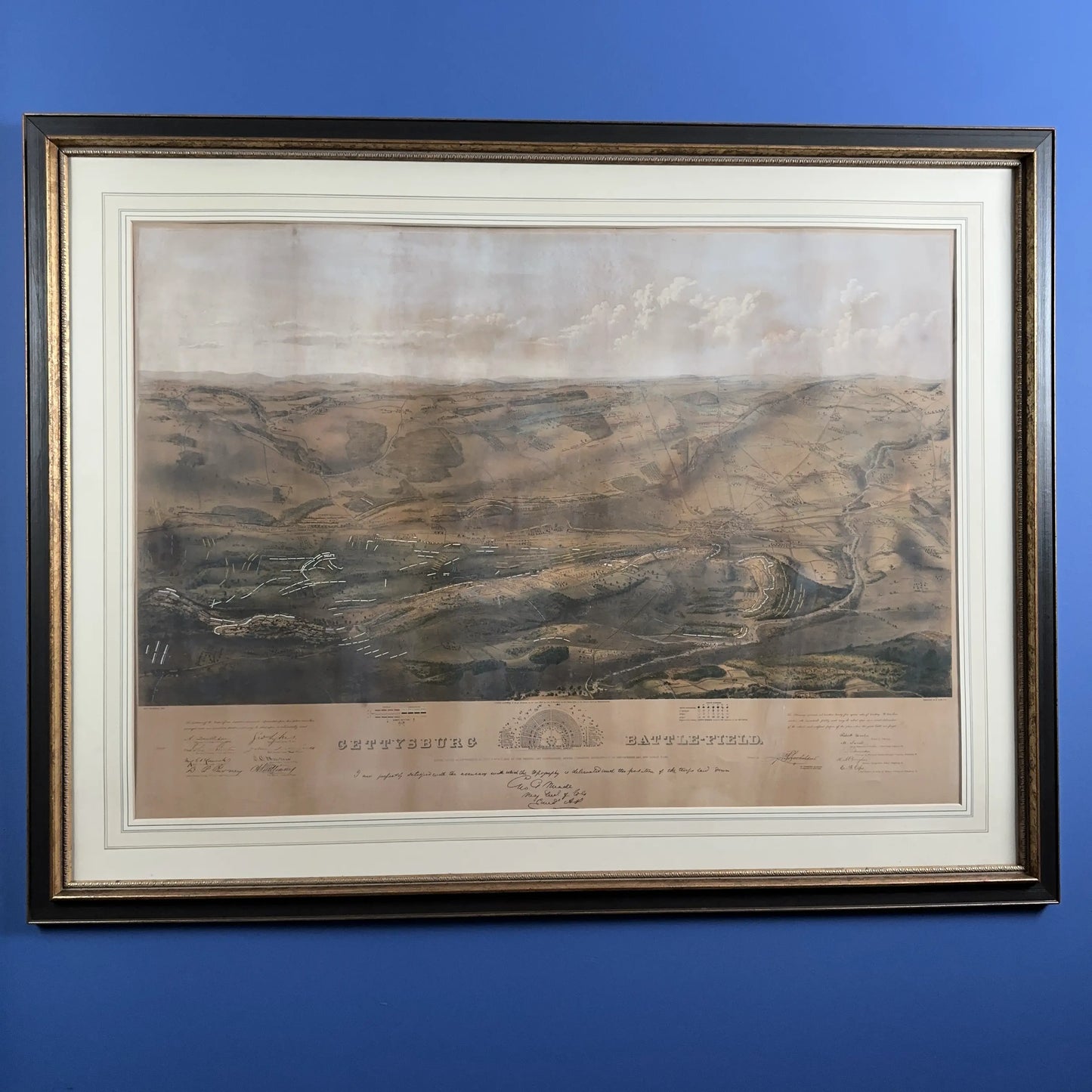 Famous Gettysburg Battlefield Map by John Bachelder — Hand colored — Framed and matted