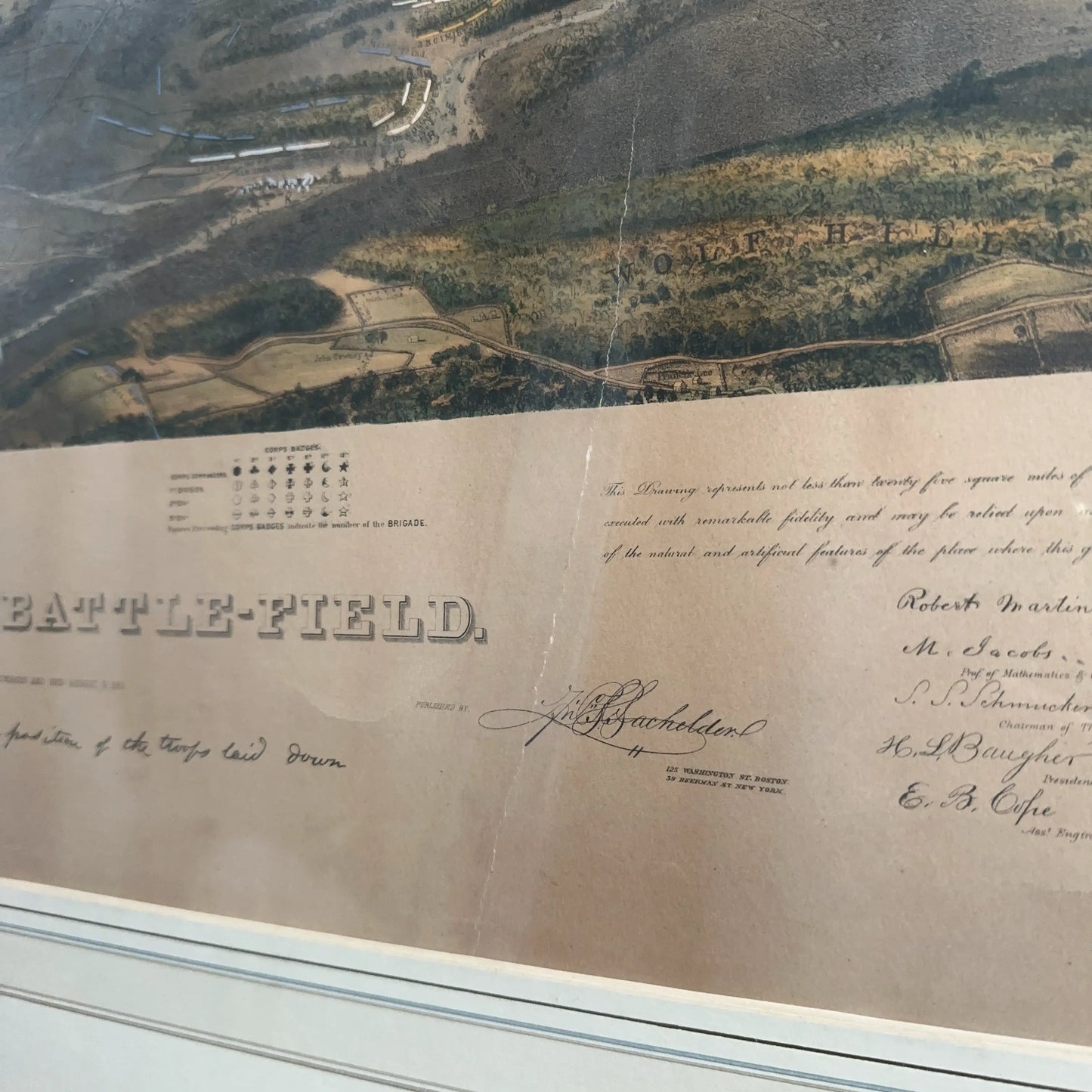 Famous Gettysburg Battlefield Map by John Bachelder — Hand colored — Framed and matted