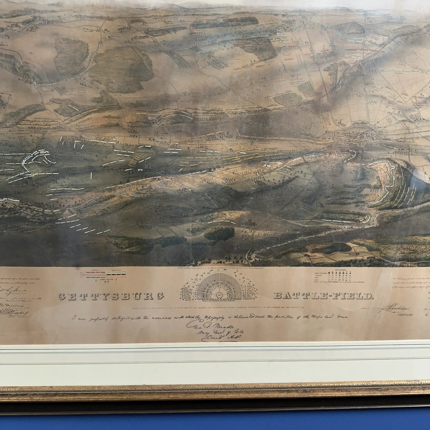 Famous Gettysburg Battlefield Map by John Bachelder — Hand colored — Framed and matted