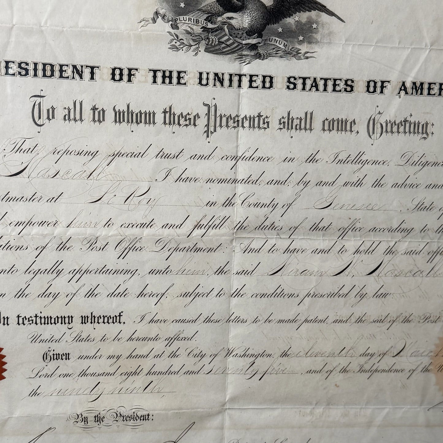 1875 Presidential Appointment Signed by Ulysses S. Grant