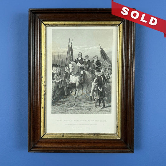 "Washington Taking Command of the Army" — 1858 engraving in an antique frame